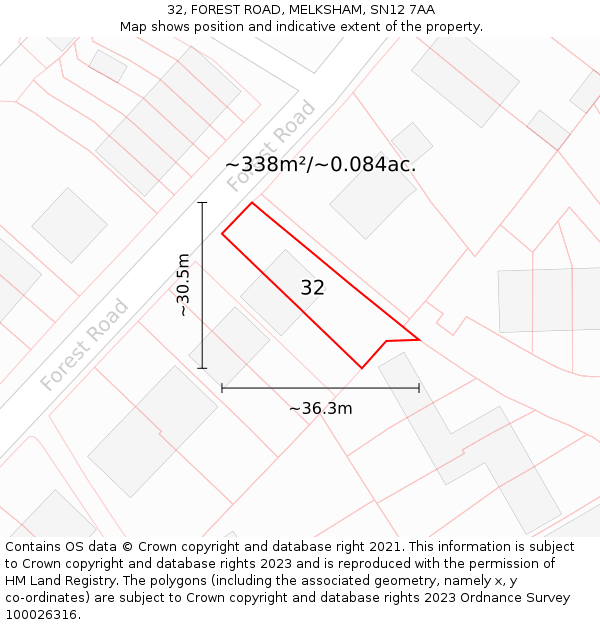 32, FOREST ROAD, MELKSHAM, SN12 7AA: Plot and title map