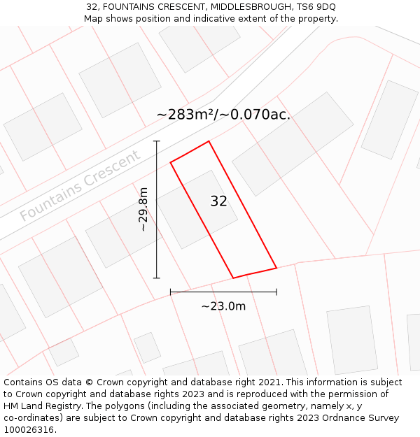32, FOUNTAINS CRESCENT, MIDDLESBROUGH, TS6 9DQ: Plot and title map