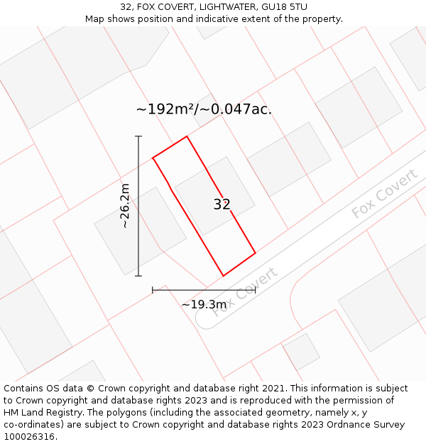 32, FOX COVERT, LIGHTWATER, GU18 5TU: Plot and title map