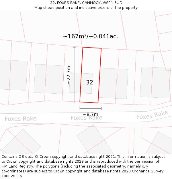 32, FOXES RAKE, CANNOCK, WS11 5UD: Plot and title map