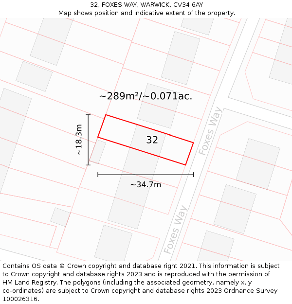 32, FOXES WAY, WARWICK, CV34 6AY: Plot and title map