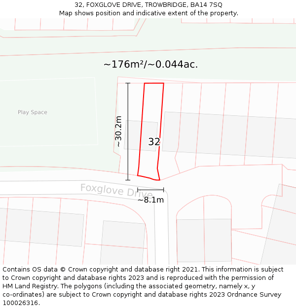 32, FOXGLOVE DRIVE, TROWBRIDGE, BA14 7SQ: Plot and title map