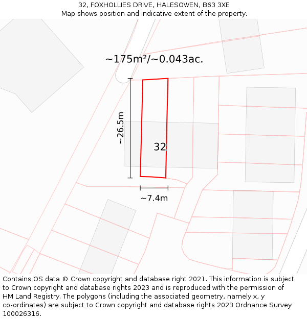 32, FOXHOLLIES DRIVE, HALESOWEN, B63 3XE: Plot and title map