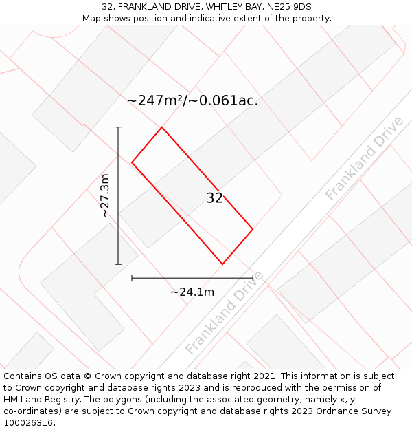 32, FRANKLAND DRIVE, WHITLEY BAY, NE25 9DS: Plot and title map