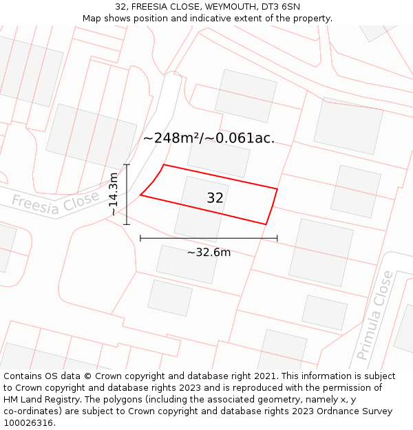 32, FREESIA CLOSE, WEYMOUTH, DT3 6SN: Plot and title map