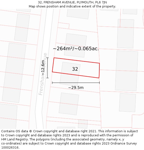 32, FRENSHAM AVENUE, PLYMOUTH, PL6 7JN: Plot and title map