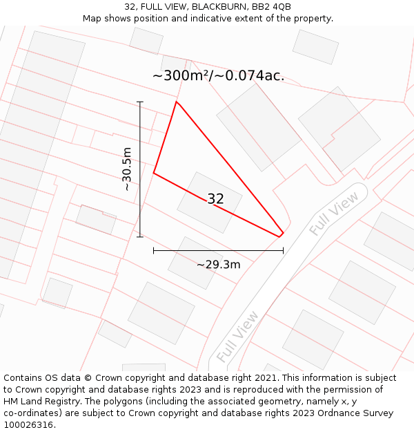 32, FULL VIEW, BLACKBURN, BB2 4QB: Plot and title map