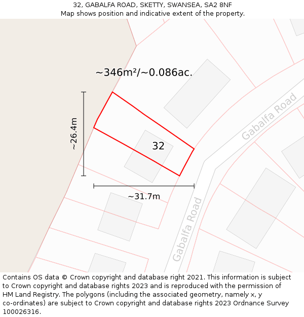 32, GABALFA ROAD, SKETTY, SWANSEA, SA2 8NF: Plot and title map