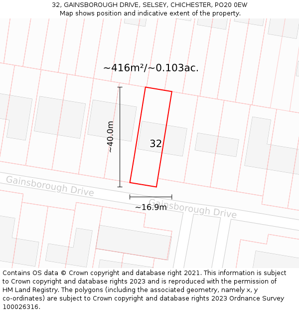 32, GAINSBOROUGH DRIVE, SELSEY, CHICHESTER, PO20 0EW: Plot and title map