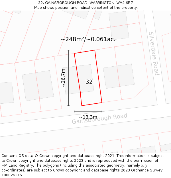 32, GAINSBOROUGH ROAD, WARRINGTON, WA4 6BZ: Plot and title map