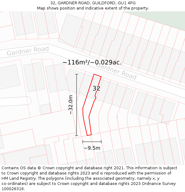 32, GARDNER ROAD, GUILDFORD, GU1 4PG: Plot and title map