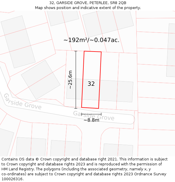 32, GARSIDE GROVE, PETERLEE, SR8 2QB: Plot and title map