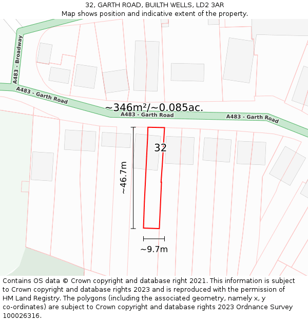 32, GARTH ROAD, BUILTH WELLS, LD2 3AR: Plot and title map