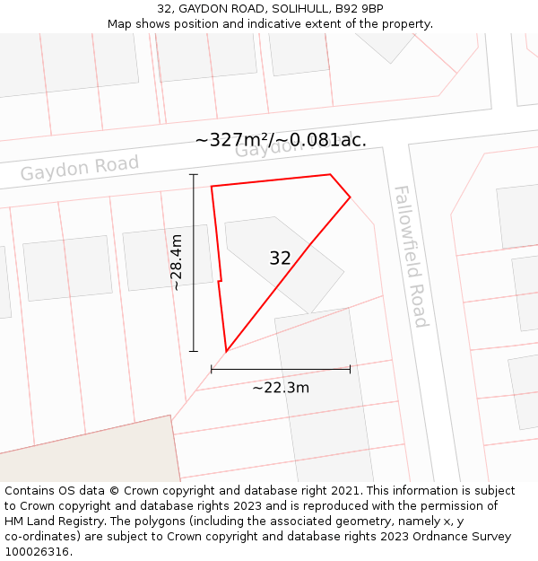 32, GAYDON ROAD, SOLIHULL, B92 9BP: Plot and title map