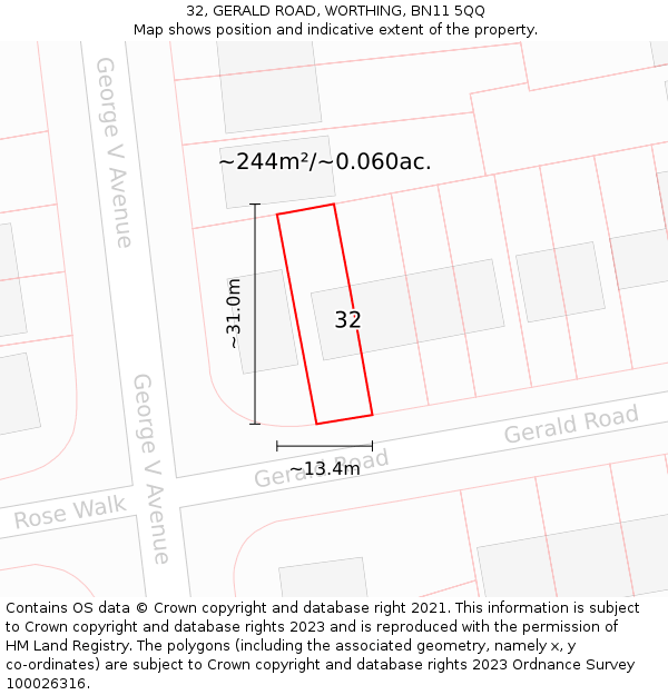 32, GERALD ROAD, WORTHING, BN11 5QQ: Plot and title map