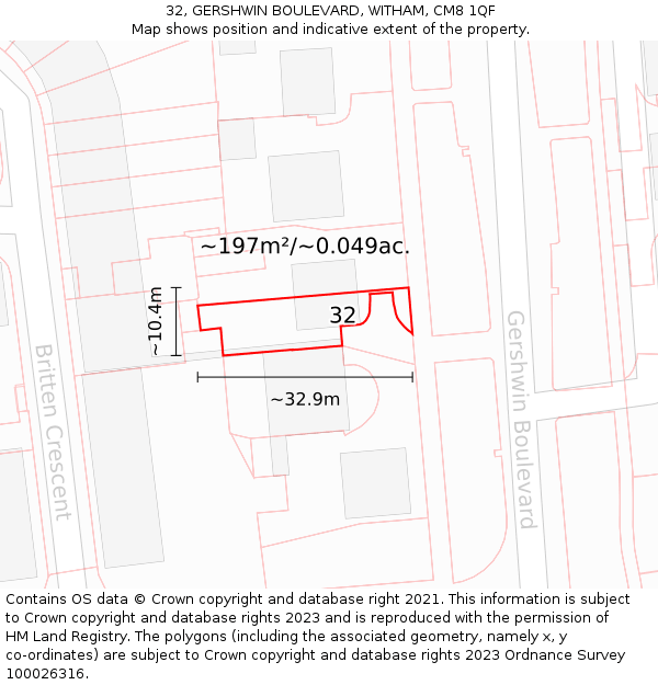 32, GERSHWIN BOULEVARD, WITHAM, CM8 1QF: Plot and title map