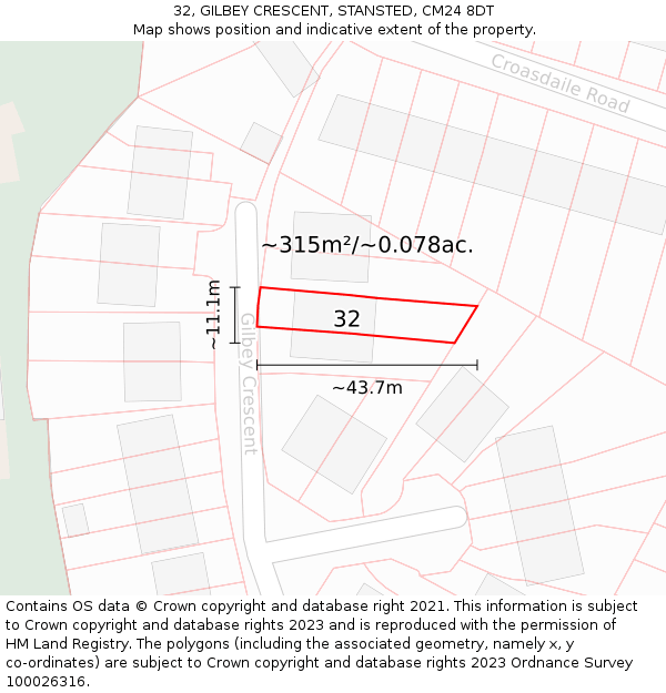 32, GILBEY CRESCENT, STANSTED, CM24 8DT: Plot and title map