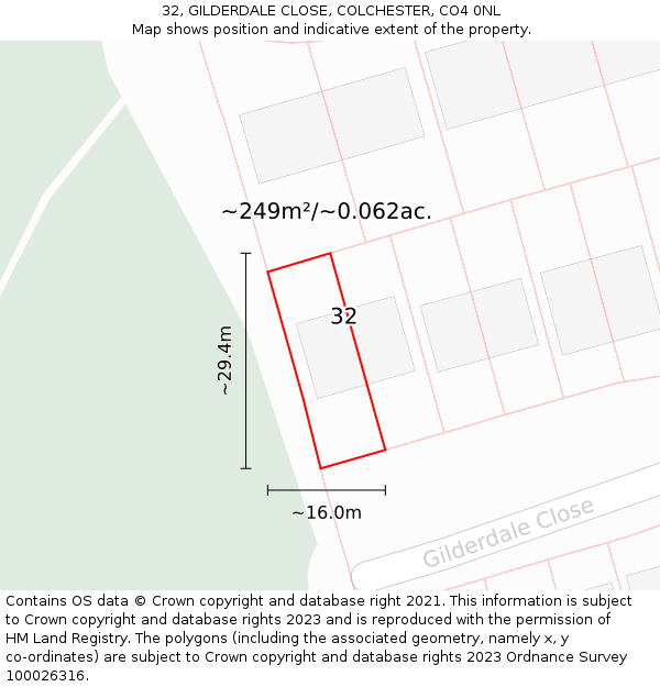 32, GILDERDALE CLOSE, COLCHESTER, CO4 0NL: Plot and title map