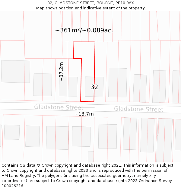 32, GLADSTONE STREET, BOURNE, PE10 9AX: Plot and title map