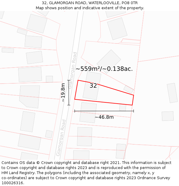 32, GLAMORGAN ROAD, WATERLOOVILLE, PO8 0TR: Plot and title map