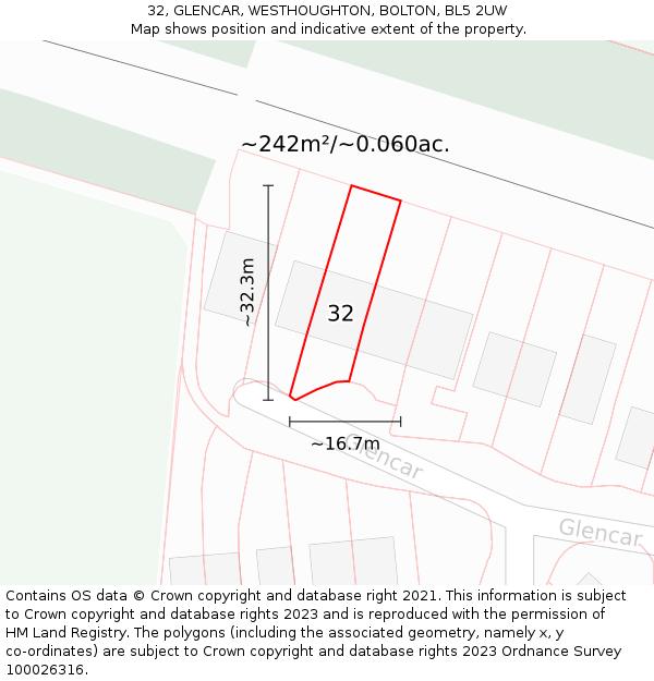 32, GLENCAR, WESTHOUGHTON, BOLTON, BL5 2UW: Plot and title map