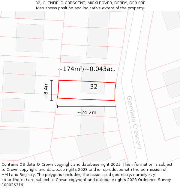 32, GLENFIELD CRESCENT, MICKLEOVER, DERBY, DE3 0RF: Plot and title map