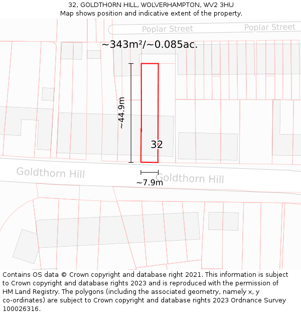 32, GOLDTHORN HILL, WOLVERHAMPTON, WV2 3HU: Plot and title map