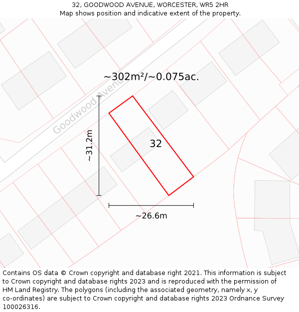 32, GOODWOOD AVENUE, WORCESTER, WR5 2HR: Plot and title map