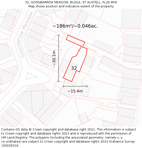 32, GOONBARROW MEADOW, BUGLE, ST AUSTELL, PL26 8FW: Plot and title map