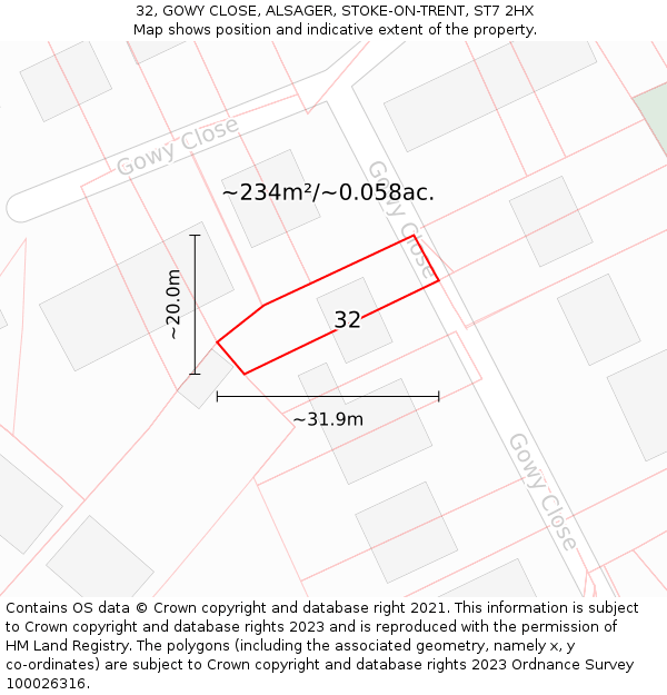 32, GOWY CLOSE, ALSAGER, STOKE-ON-TRENT, ST7 2HX: Plot and title map