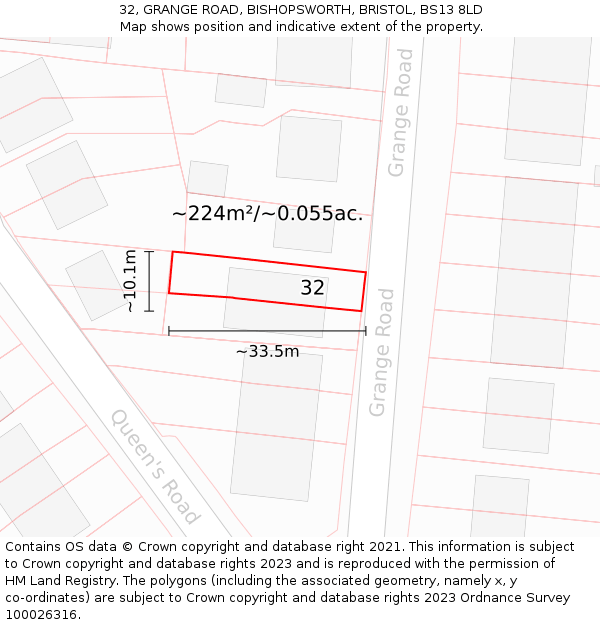 32, GRANGE ROAD, BISHOPSWORTH, BRISTOL, BS13 8LD: Plot and title map