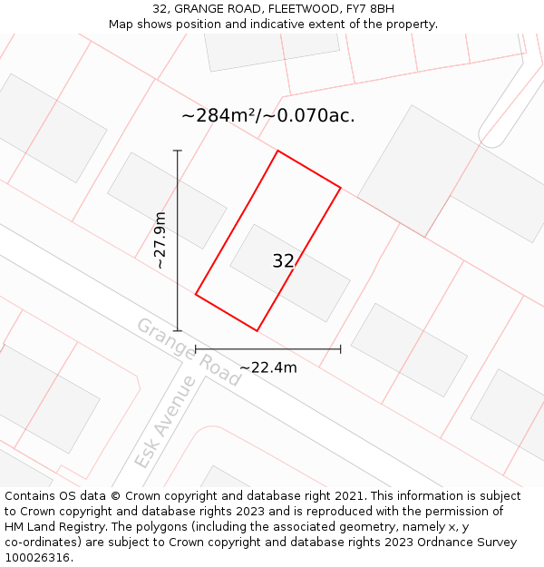 32, GRANGE ROAD, FLEETWOOD, FY7 8BH: Plot and title map