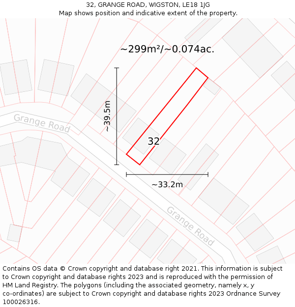32, GRANGE ROAD, WIGSTON, LE18 1JG: Plot and title map
