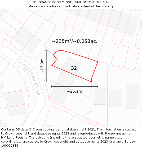 32, GRANGEMOOR CLOSE, DARLINGTON, DL1 4UW: Plot and title map