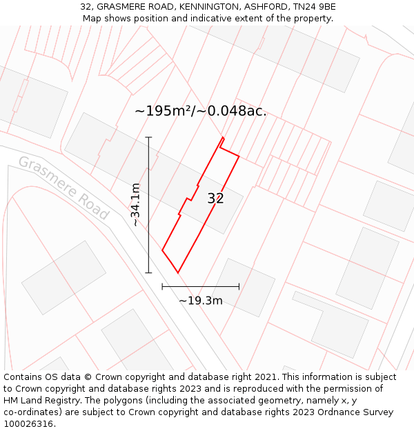 32, GRASMERE ROAD, KENNINGTON, ASHFORD, TN24 9BE: Plot and title map