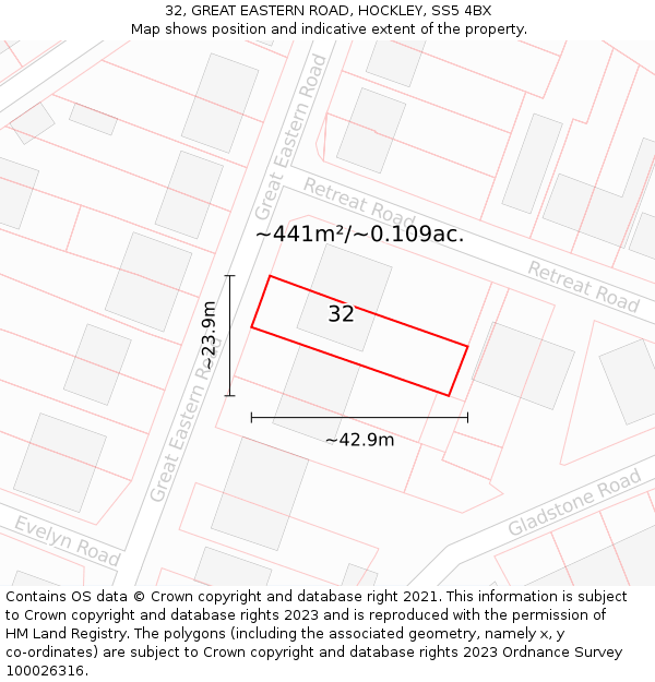 32, GREAT EASTERN ROAD, HOCKLEY, SS5 4BX: Plot and title map