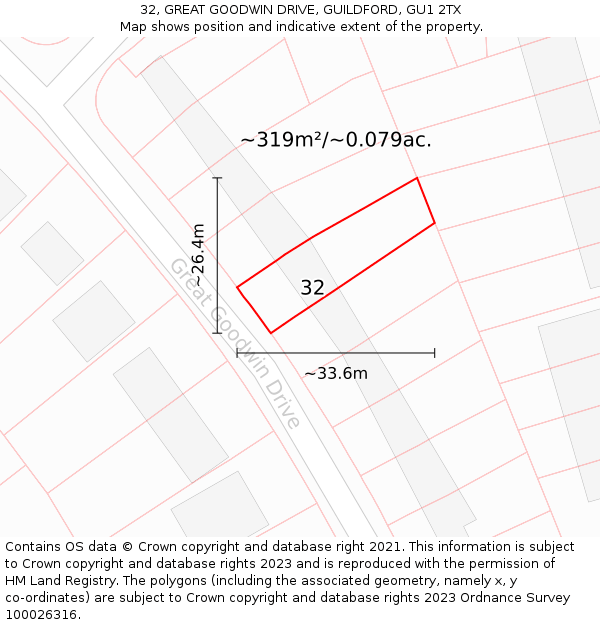 32, GREAT GOODWIN DRIVE, GUILDFORD, GU1 2TX: Plot and title map