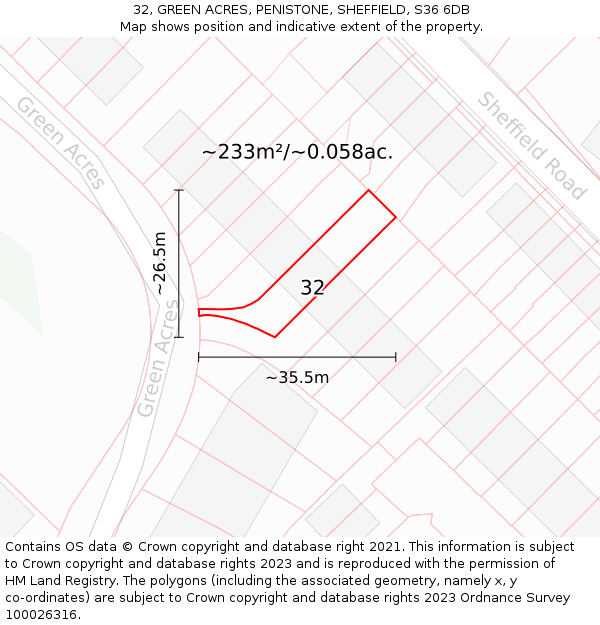 32, GREEN ACRES, PENISTONE, SHEFFIELD, S36 6DB: Plot and title map