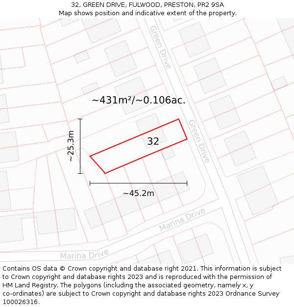32, GREEN DRIVE, FULWOOD, PRESTON, PR2 9SA: Plot and title map