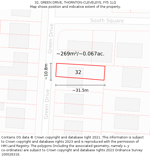 32, GREEN DRIVE, THORNTON-CLEVELEYS, FY5 1LQ: Plot and title map