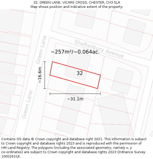 32, GREEN LANE, VICARS CROSS, CHESTER, CH3 5LA: Plot and title map