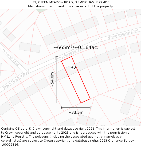 32, GREEN MEADOW ROAD, BIRMINGHAM, B29 4DE: Plot and title map