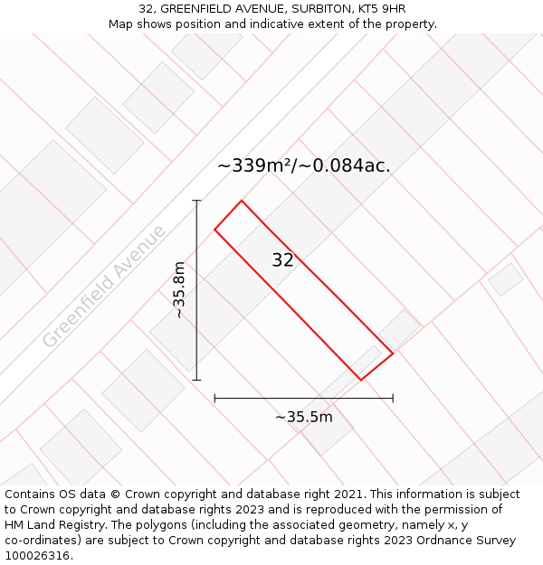 32, GREENFIELD AVENUE, SURBITON, KT5 9HR: Plot and title map