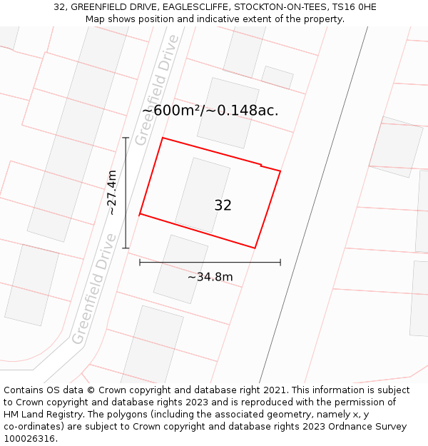 32, GREENFIELD DRIVE, EAGLESCLIFFE, STOCKTON-ON-TEES, TS16 0HE: Plot and title map