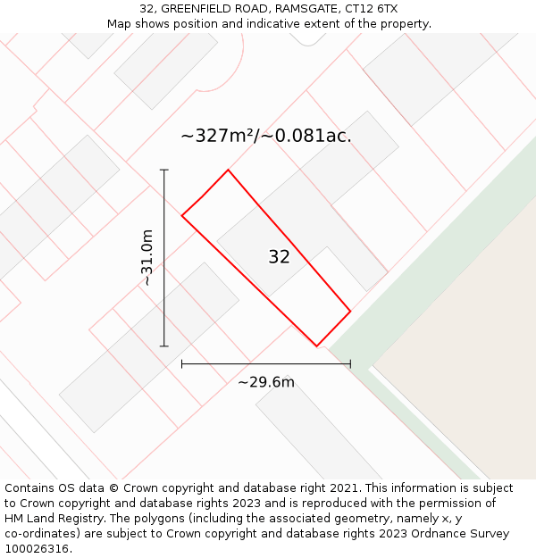 32, GREENFIELD ROAD, RAMSGATE, CT12 6TX: Plot and title map