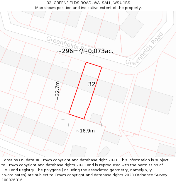 32, GREENFIELDS ROAD, WALSALL, WS4 1RS: Plot and title map