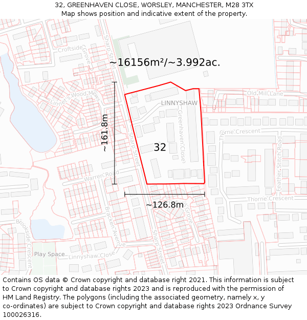 32, GREENHAVEN CLOSE, WORSLEY, MANCHESTER, M28 3TX: Plot and title map