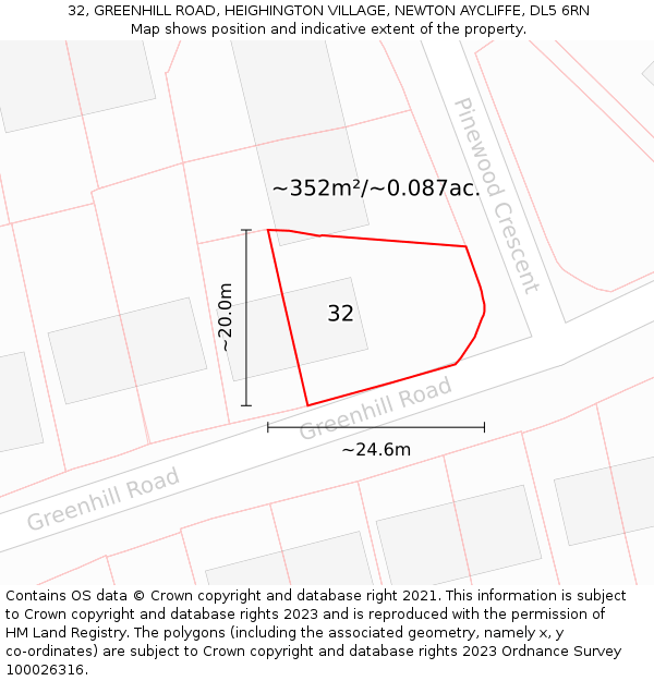 32, GREENHILL ROAD, HEIGHINGTON VILLAGE, NEWTON AYCLIFFE, DL5 6RN: Plot and title map