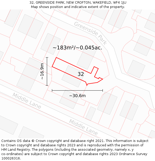 32, GREENSIDE PARK, NEW CROFTON, WAKEFIELD, WF4 1JU: Plot and title map