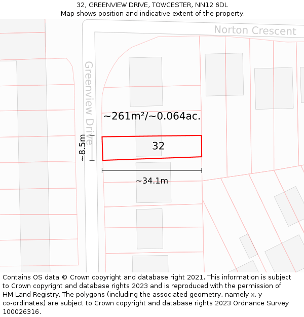 32, GREENVIEW DRIVE, TOWCESTER, NN12 6DL: Plot and title map